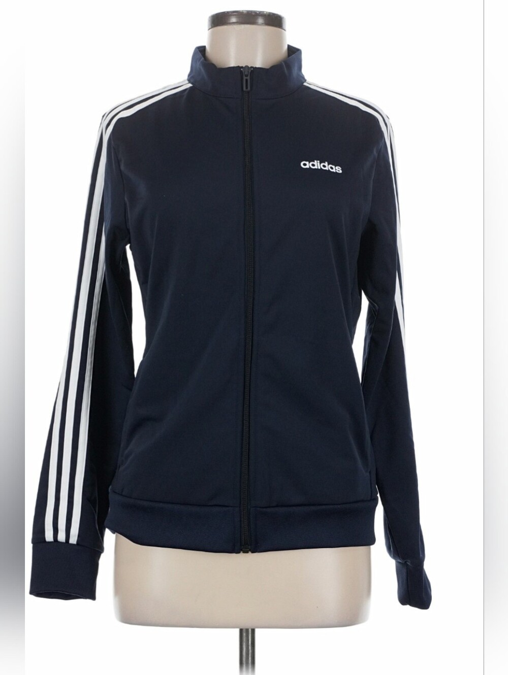 Adidas Navy Track Jacket with White Three-Stripes - Womens Medium